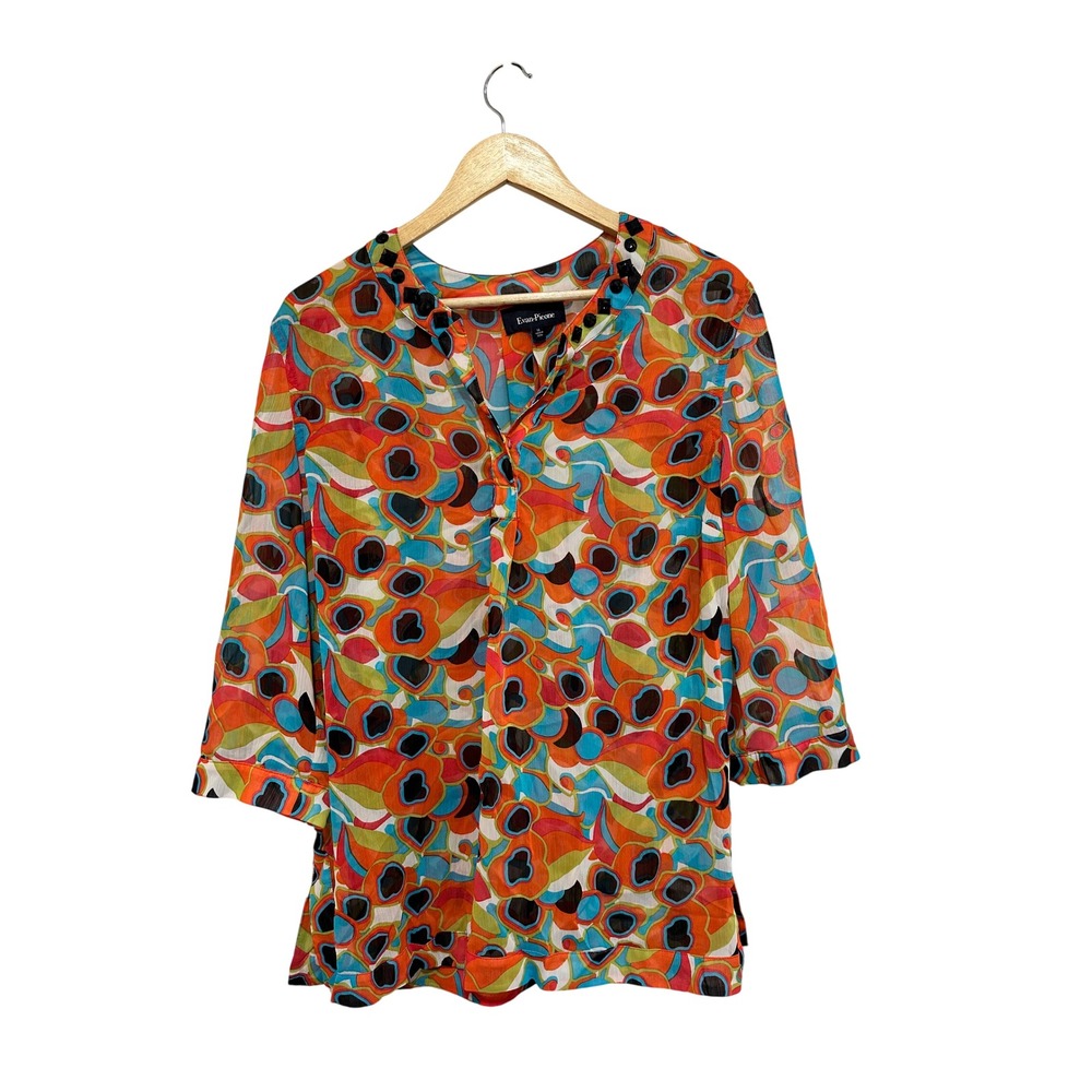 Evan-Picone Womens Orange Psychedelic Beaded Chiffon Blouse Size 14 Top